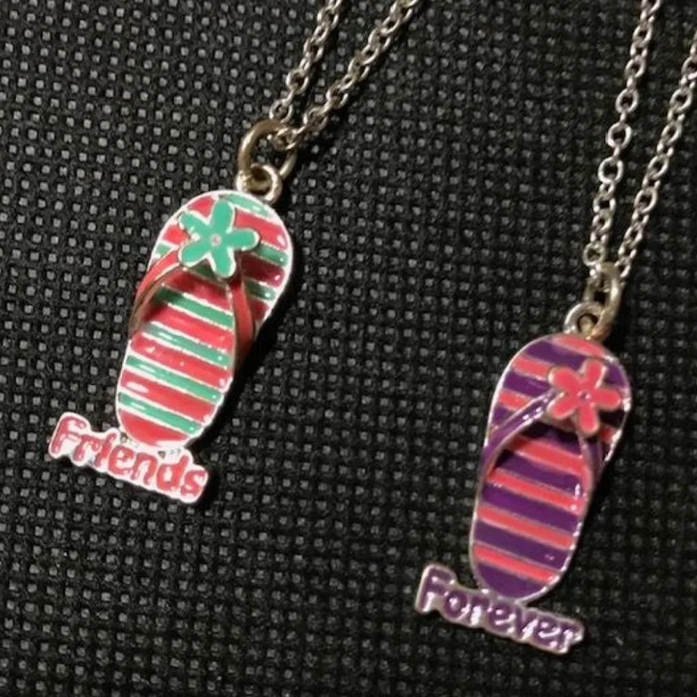 Set of 2 Justice Friends Forever Floral Stripe Beach Sandal Enamel Necklaces